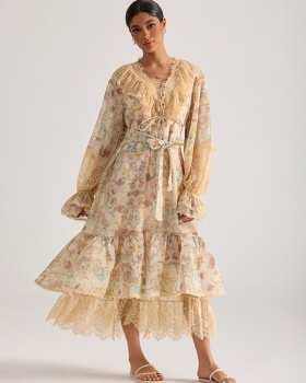 Lotus leaf edges printing retro lace splice dress