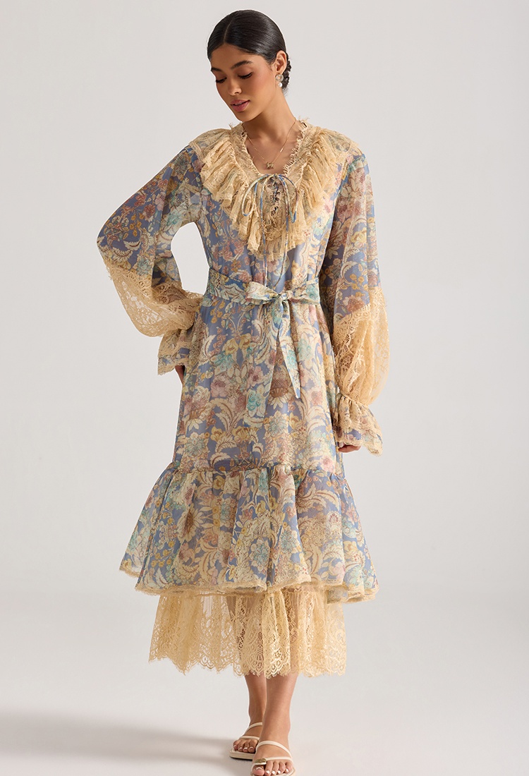 Lotus leaf edges printing retro lace splice dress