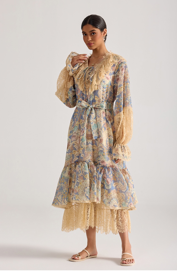 Lotus leaf edges printing retro lace splice dress