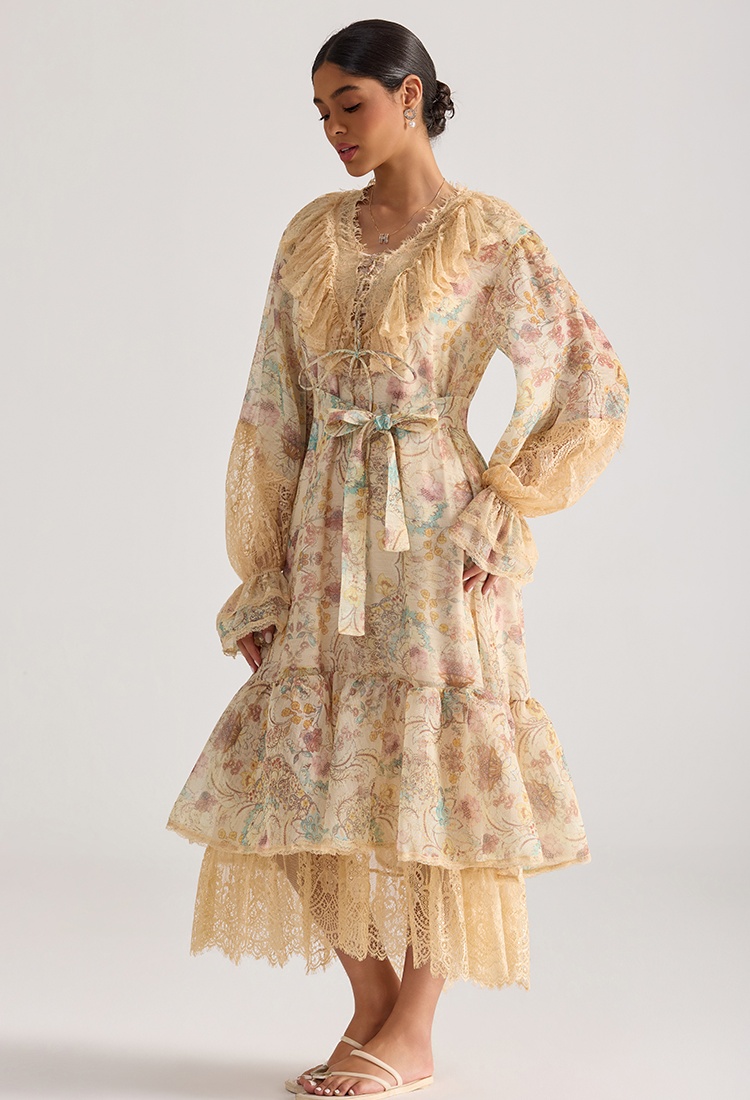 Lotus leaf edges printing retro lace splice dress