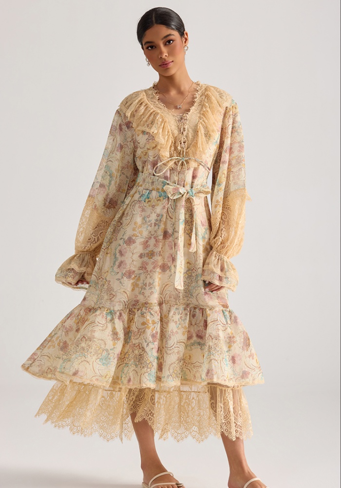 Lotus leaf edges printing retro lace splice dress