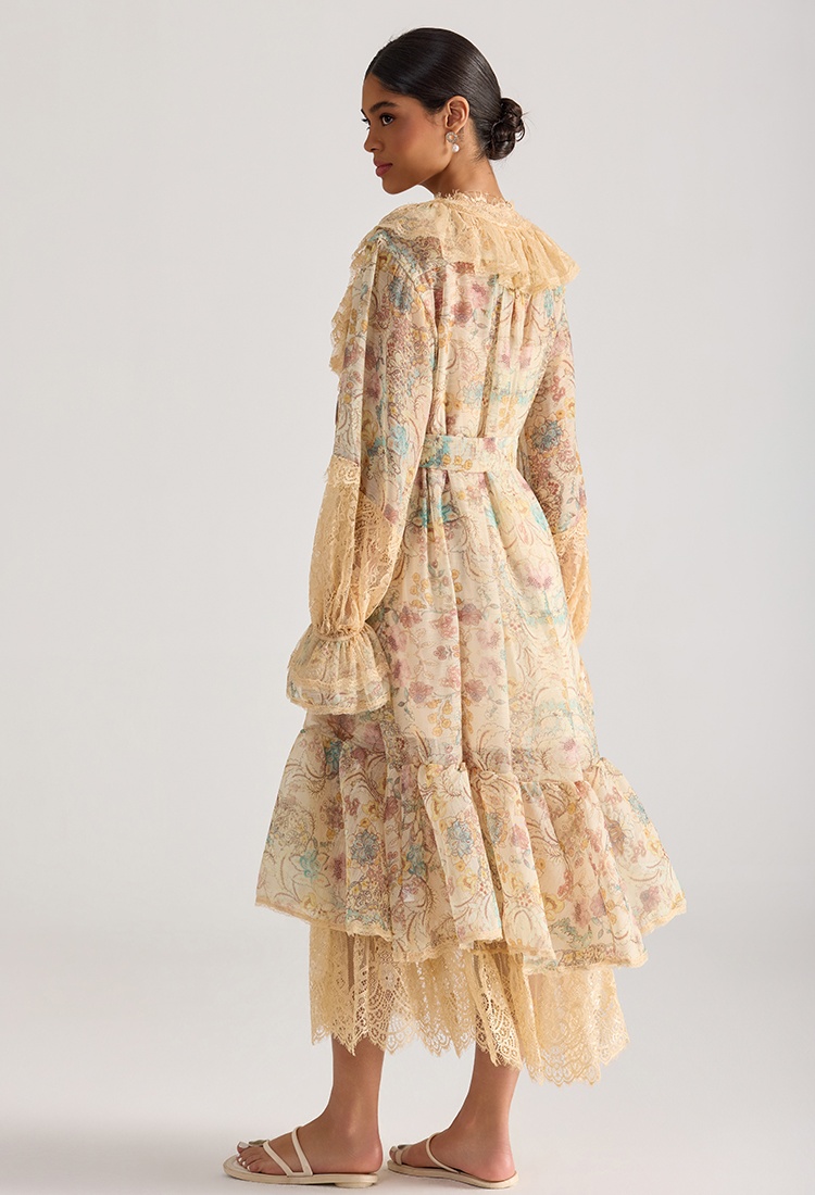 Lotus leaf edges printing retro lace splice dress