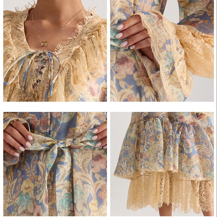 Lotus leaf edges printing retro lace splice dress