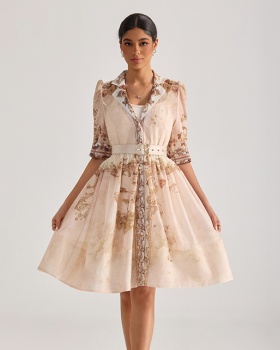 Court style printing dress with belt suit collar T-back