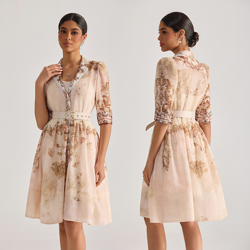 Court style printing dress with belt suit collar T-back