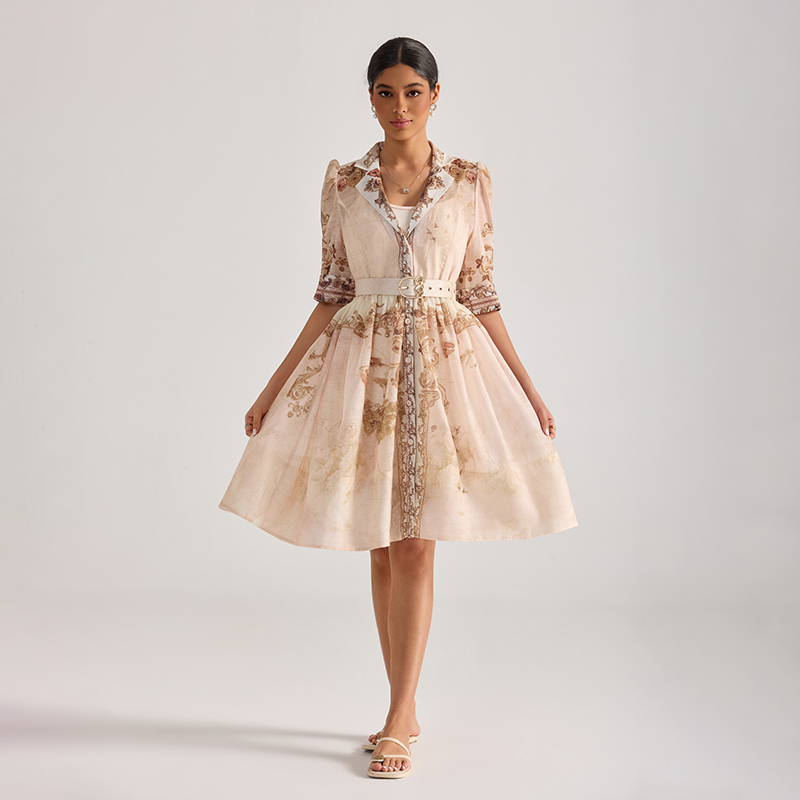 Court style printing dress with belt suit collar T-back