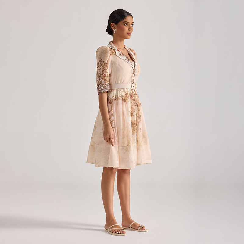 Court style printing dress with belt suit collar T-back