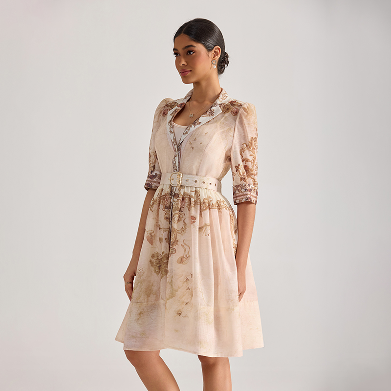 Court style printing dress with belt suit collar T-back