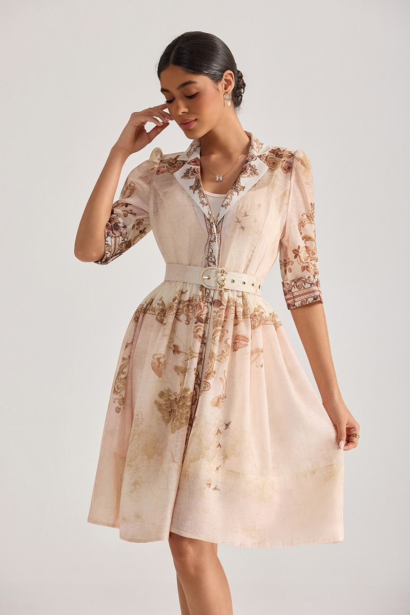 Court style printing dress with belt suit collar T-back