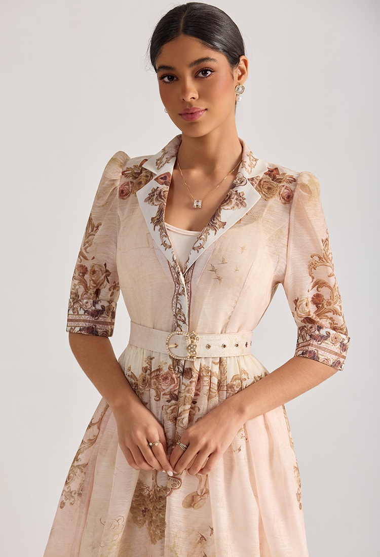 Court style printing dress with belt suit collar T-back