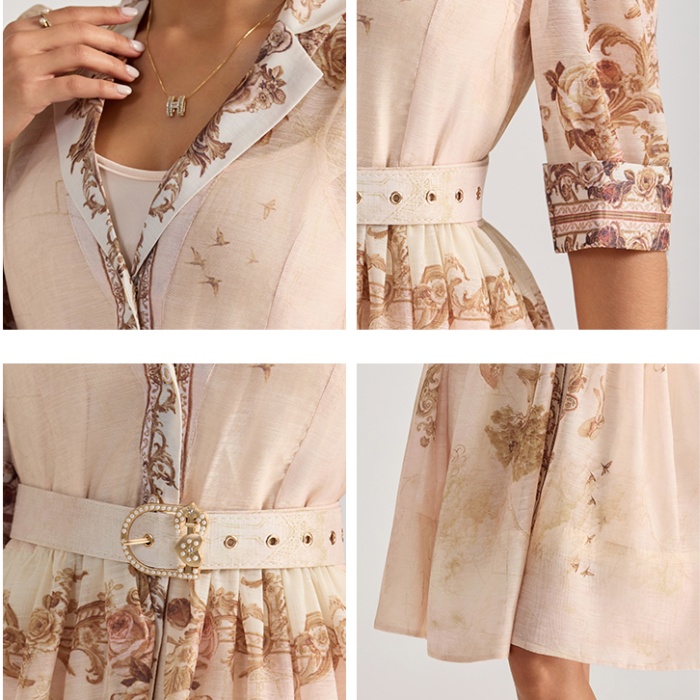 Court style printing dress with belt suit collar T-back