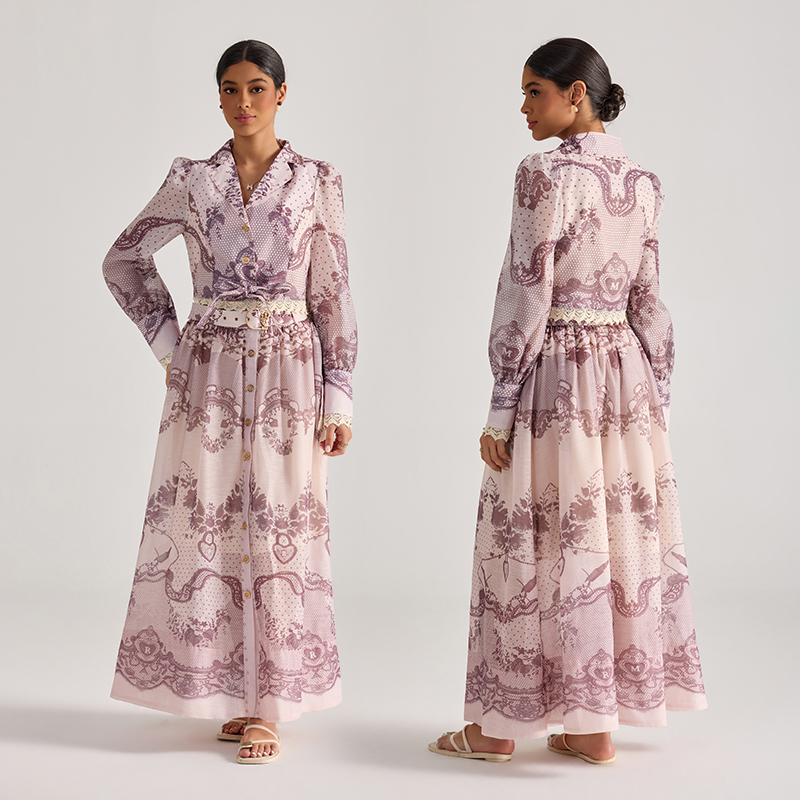 Court style tops printing long skirt 2pcs set