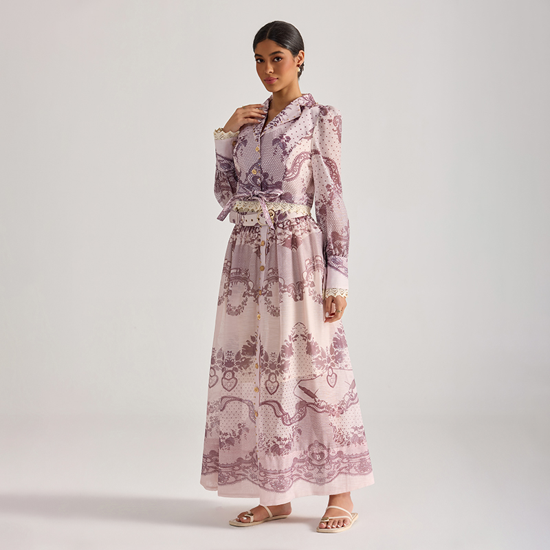 Court style tops printing long skirt 2pcs set