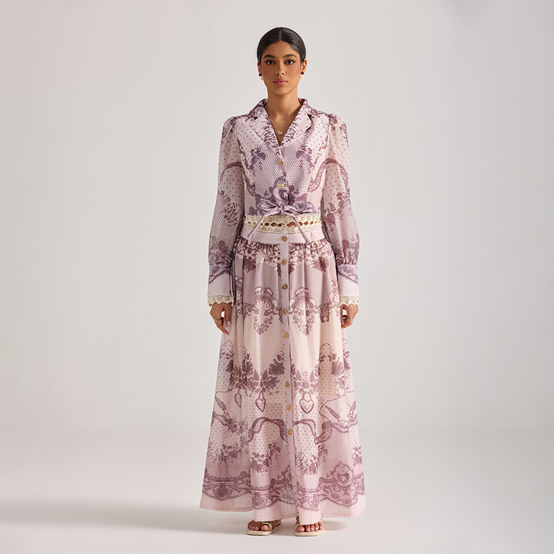 Court style tops printing long skirt 2pcs set