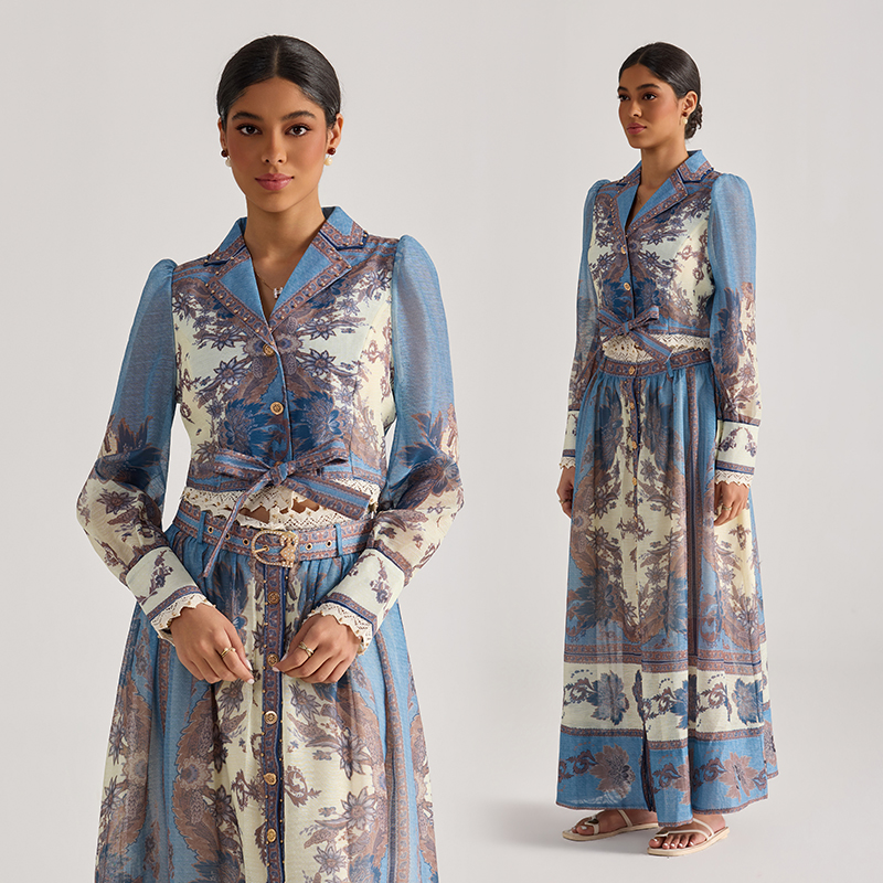 With belt flowers tops long sleeve long skirt 2pcs set