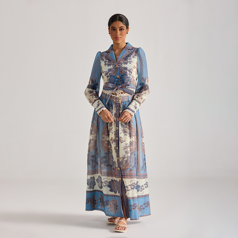 With belt flowers tops long sleeve long skirt 2pcs set