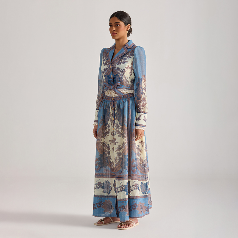 With belt flowers tops long sleeve long skirt 2pcs set