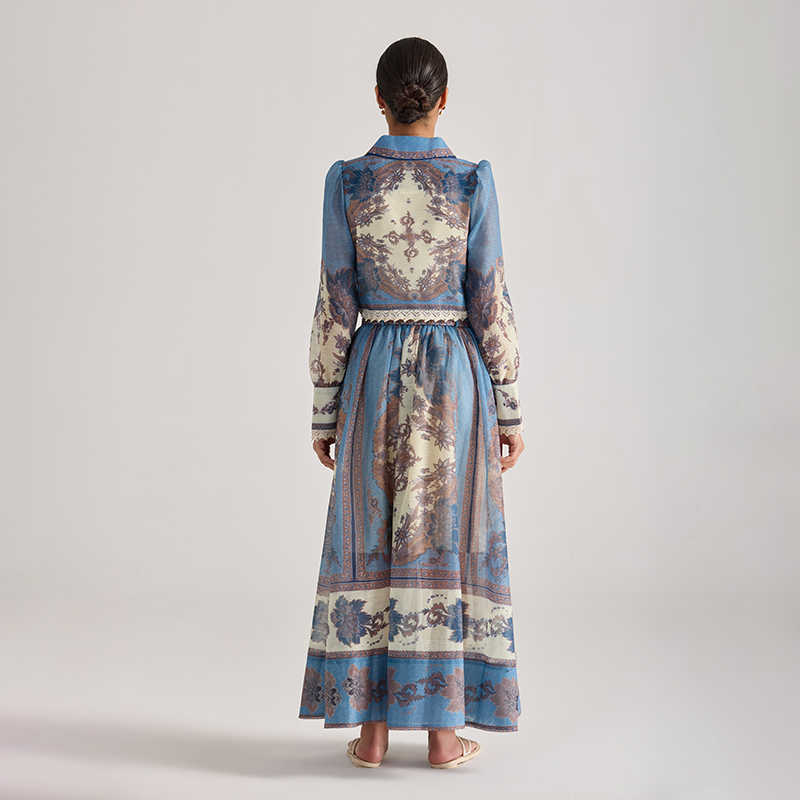 With belt flowers tops long sleeve long skirt 2pcs set