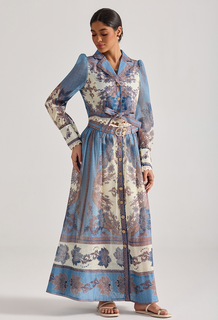 With belt flowers tops long sleeve long skirt 2pcs set