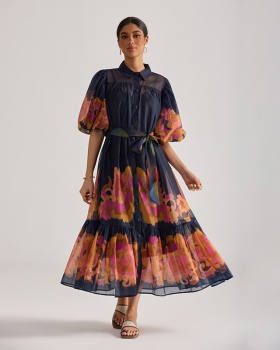 Puff sleeve printing dress flowers long dress for women