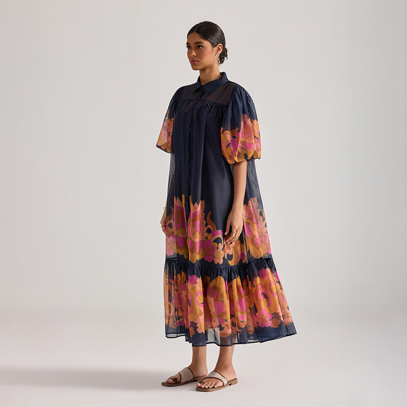 Puff sleeve printing dress flowers long dress for women