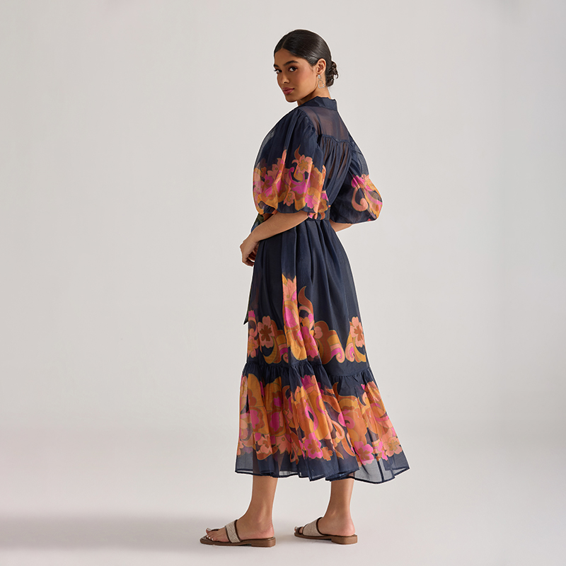 Puff sleeve printing dress flowers long dress for women