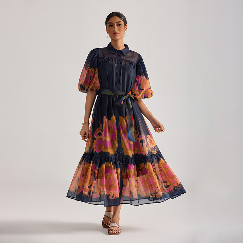 Puff sleeve printing dress flowers long dress for women