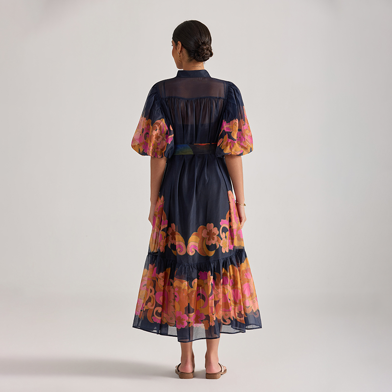 Puff sleeve printing dress flowers long dress for women