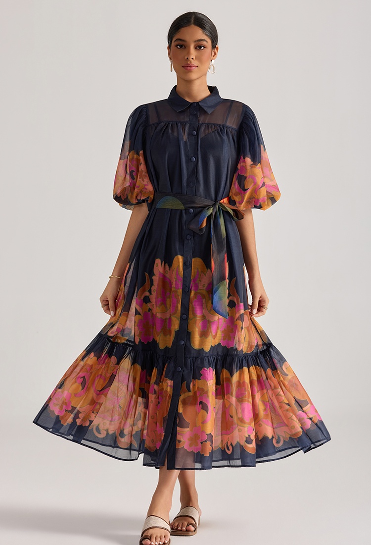 Puff sleeve printing dress flowers long dress for women