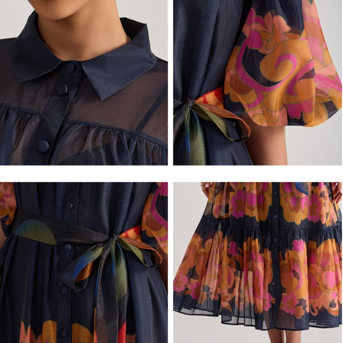Puff sleeve printing dress flowers long dress for women