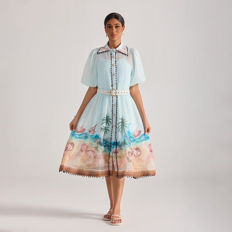 Printing beach dress painting short sleeve long dress