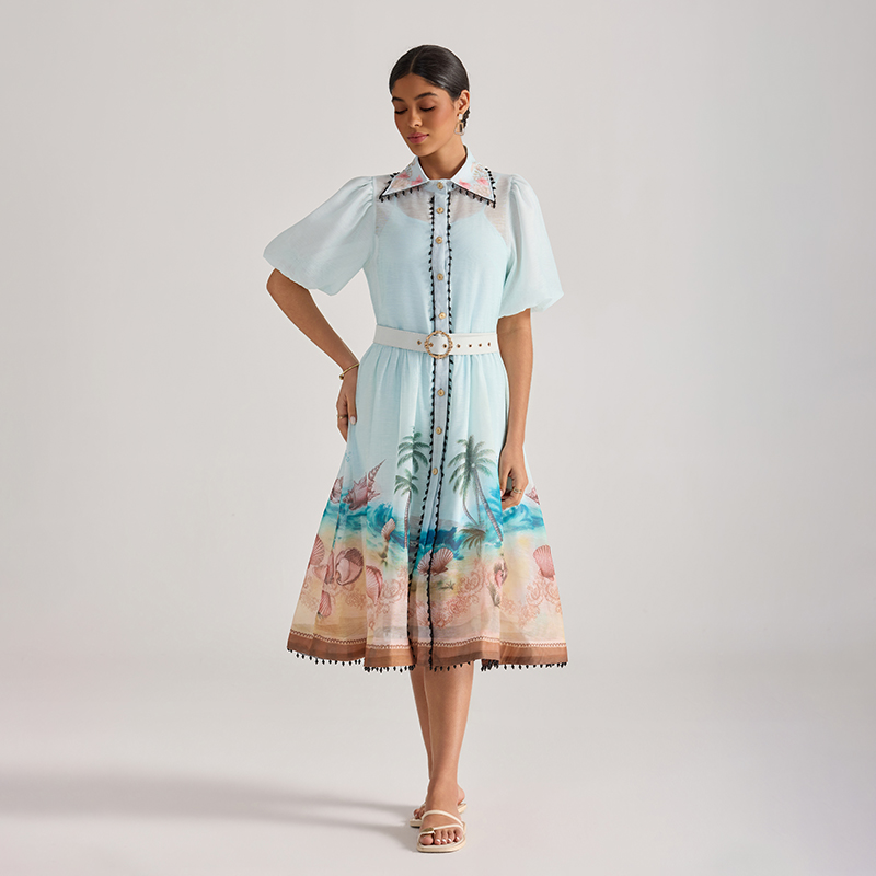 Printing beach dress painting short sleeve long dress