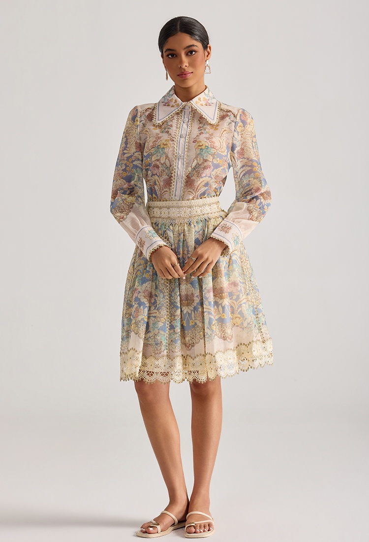 Flowers splice printing court style skirt 2pcs set