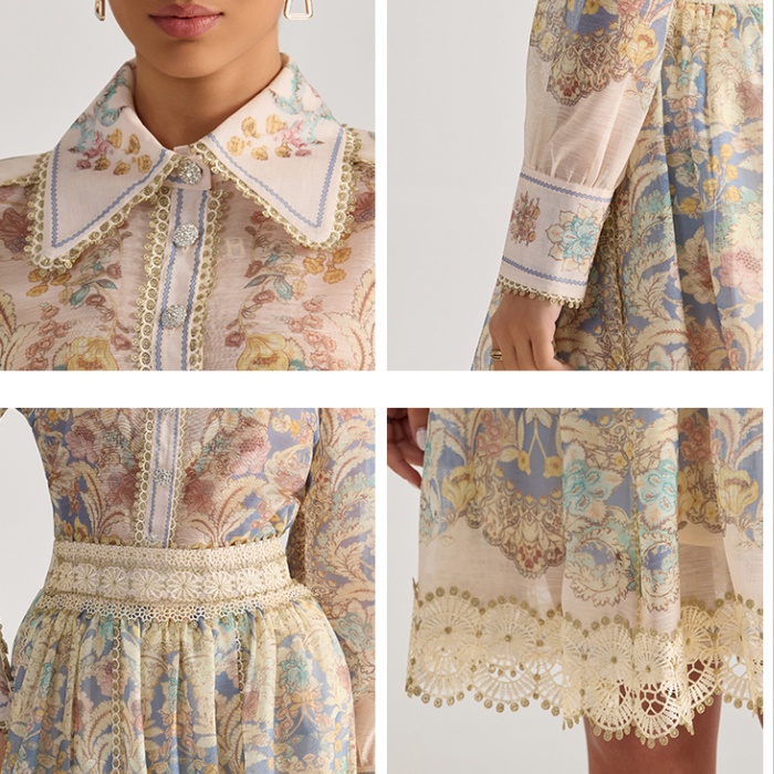 Flowers splice printing court style skirt 2pcs set