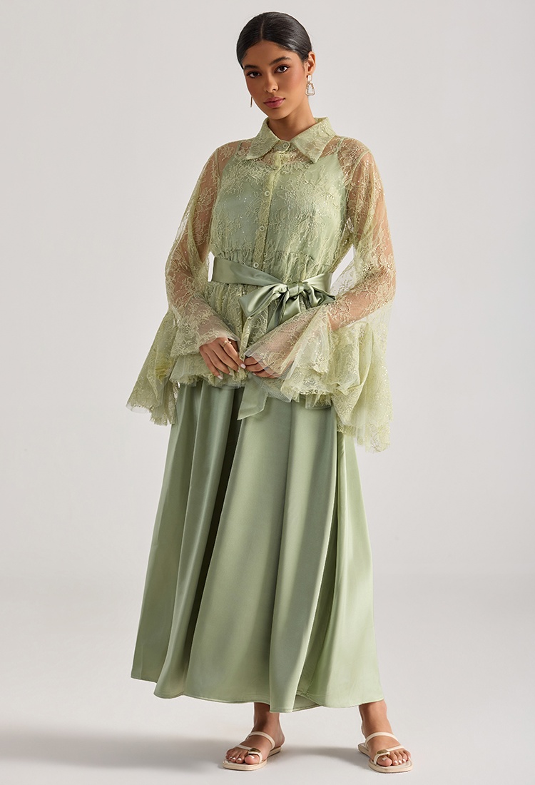 Sling lace tops trumpet sleeves long dress 2pcs set