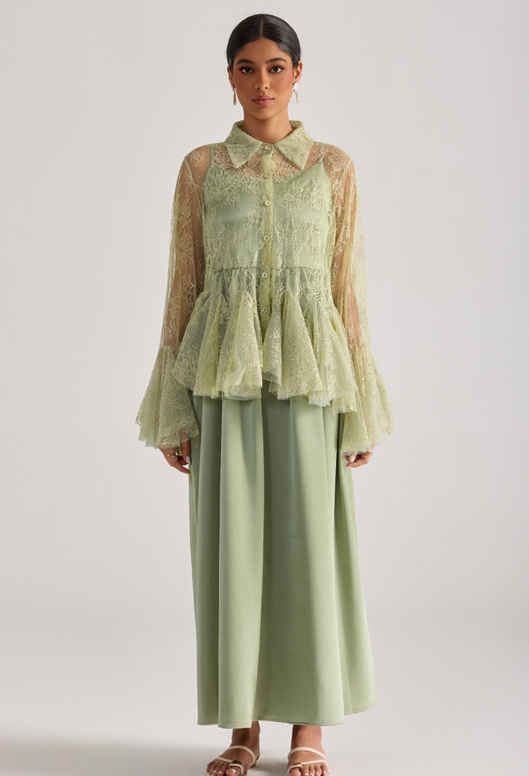 Sling lace tops trumpet sleeves long dress 2pcs set