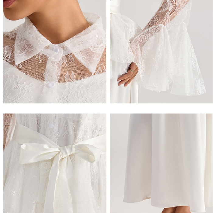 Sling lace tops trumpet sleeves long dress 2pcs set