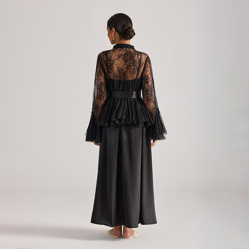 Sling lace tops trumpet sleeves long dress 2pcs set