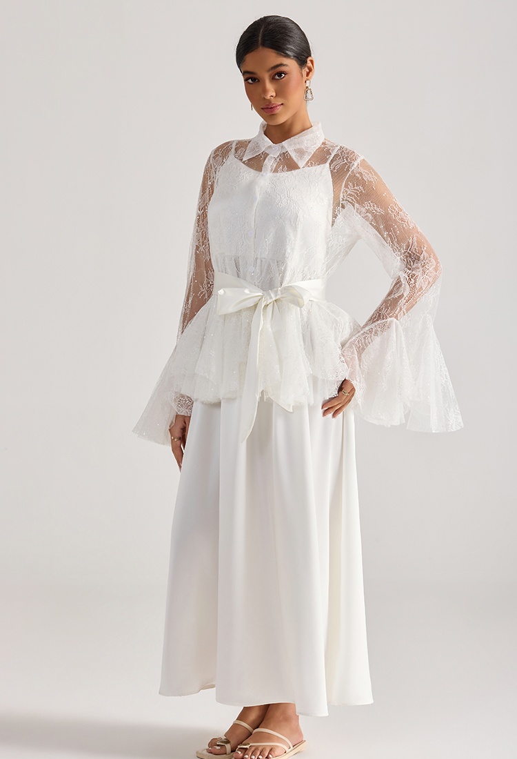 Sling lace tops trumpet sleeves long dress 2pcs set