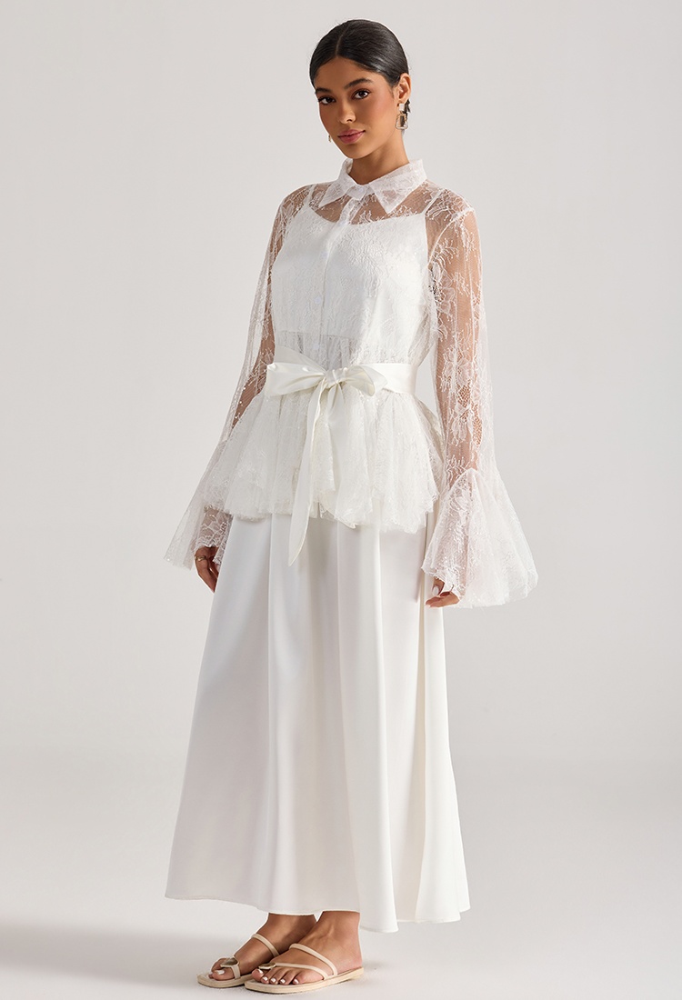 Sling lace tops trumpet sleeves long dress 2pcs set