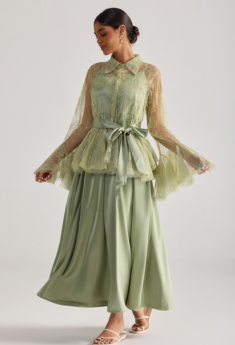 Sling lace tops trumpet sleeves long dress 2pcs set