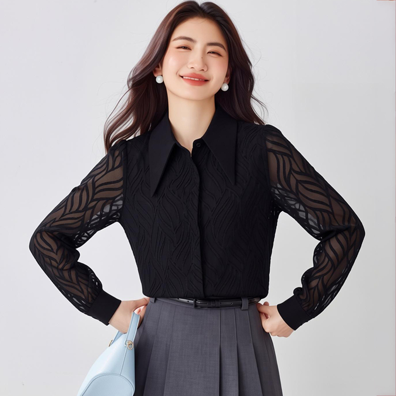 Long sleeve black France style tops chiffon retro shirt