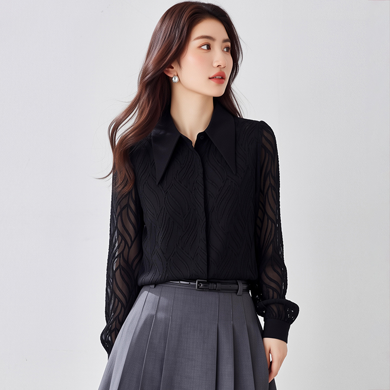 Long sleeve black France style tops chiffon retro shirt