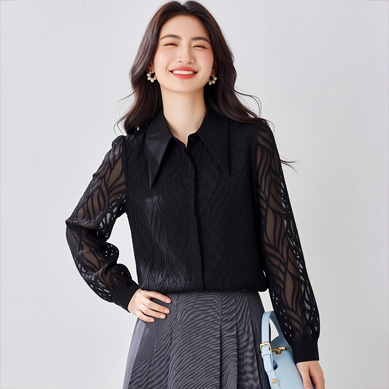 Long sleeve black France style tops chiffon retro shirt