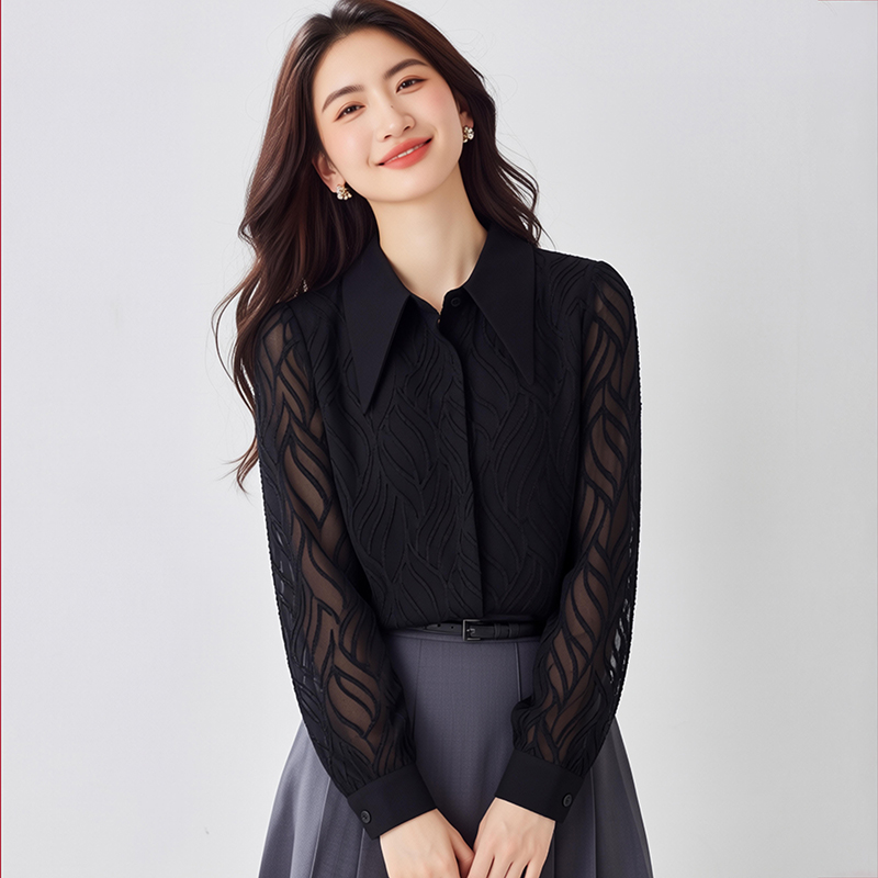 Long sleeve black France style tops chiffon retro shirt