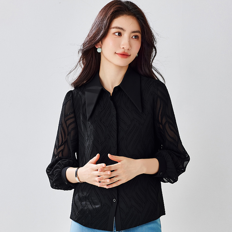 Long sleeve black France style tops chiffon retro shirt