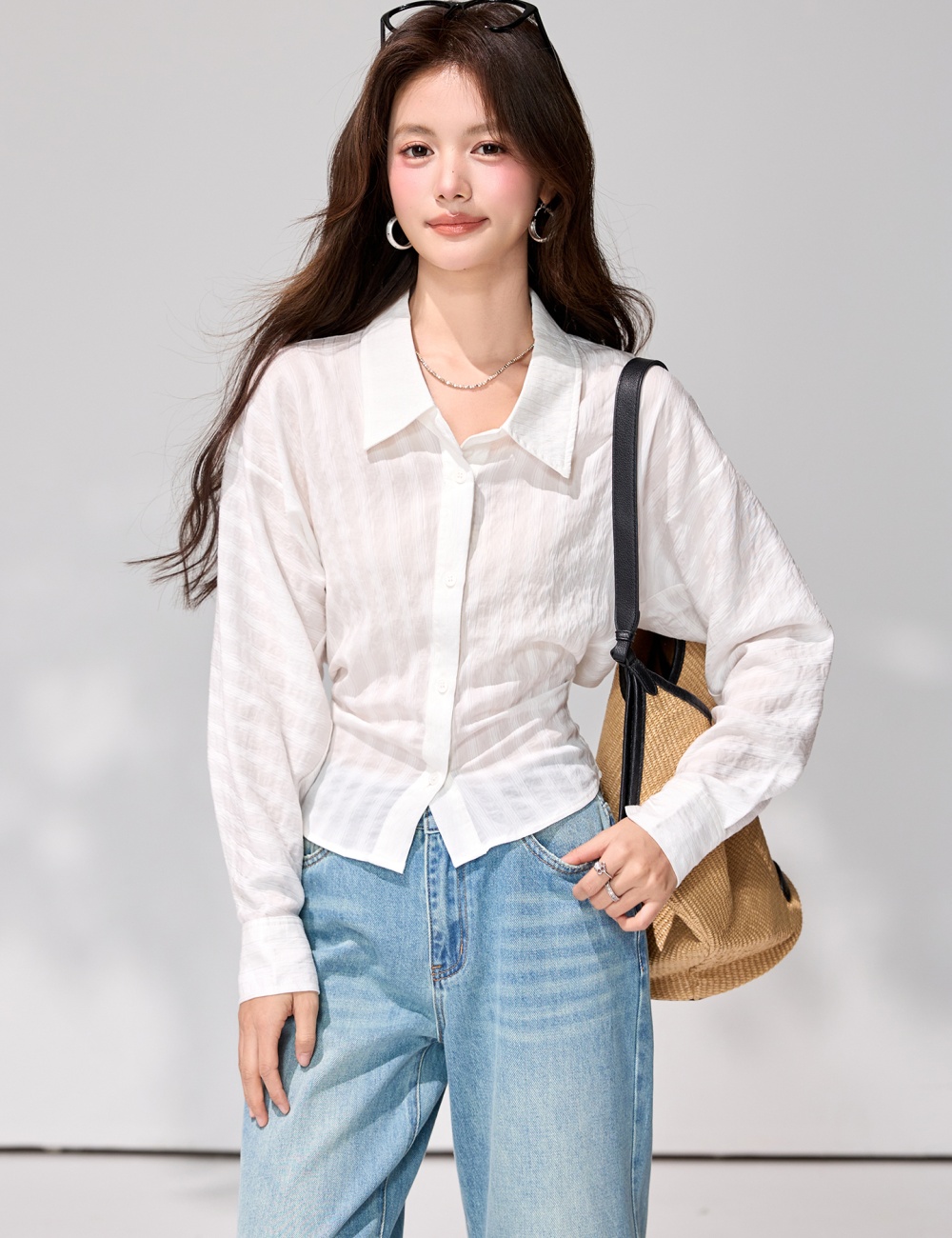 White long sleeve shirt pinched waist temperament tops