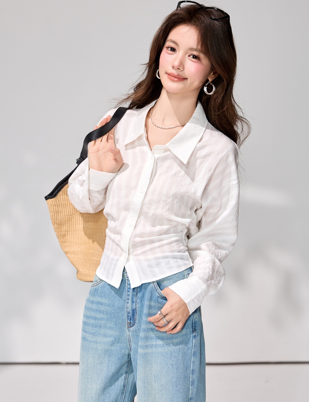 White long sleeve shirt pinched waist temperament tops