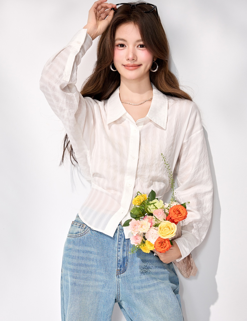 White long sleeve shirt pinched waist temperament tops