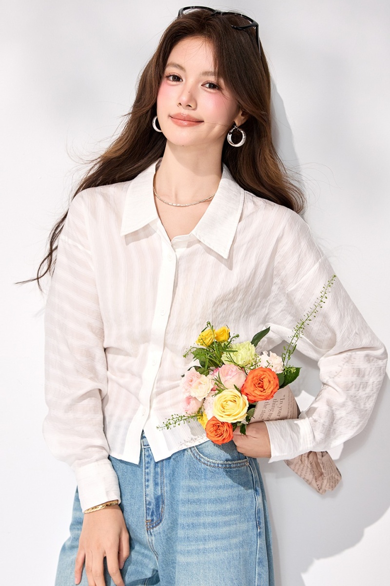 White long sleeve shirt pinched waist temperament tops